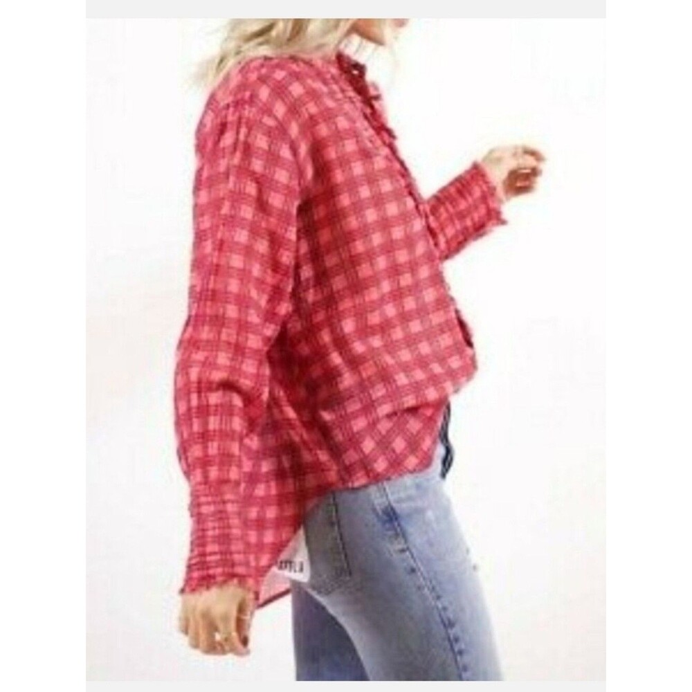 FP One Free People Plaid Miles Tuxedo Ruffle Top In Pink Combo Size Medium - Picture 6 of 10